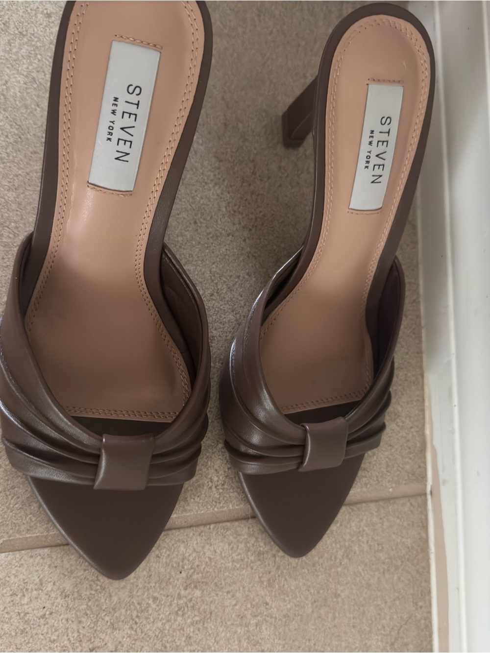 Steven New York Brown Knotted Pointed-Toe Mule Heels